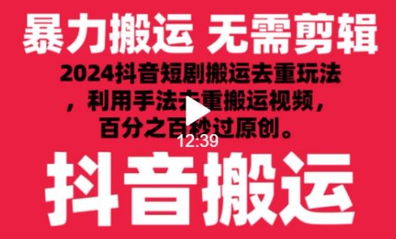 2024最新抖音搬运技术，抖音短剧视频去重，手法搬运，利用工具去重，达到秒过原创的效果【揭秘】-一起网创