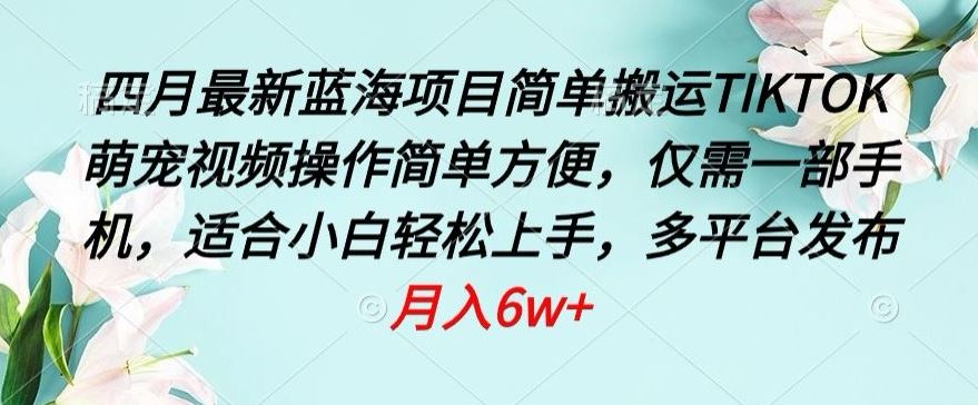 四月最新蓝海项目，简单搬运TIKTOK萌宠视频，操作简单方便，仅需一部手机【揭秘】-一起网创