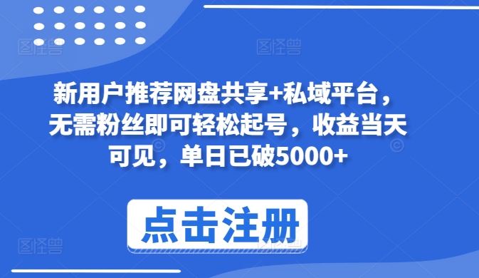 新用户推荐网盘共享+私域平台，无需粉丝即可轻松起号，收益当天可见，单日已破5000+【揭秘】-一起网创