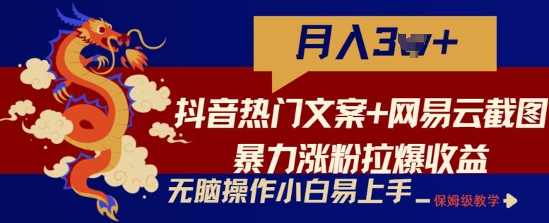 抖音热门文案+网易云截图暴力涨粉拉爆收益玩法，小白无脑操作，简单易上手【揭秘】-一起网创