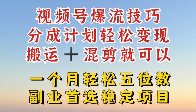 视频号爆流技巧，分成计划轻松变现，搬运 +混剪就可以，一个月轻松五位数稳定项目【揭秘】-一起网创