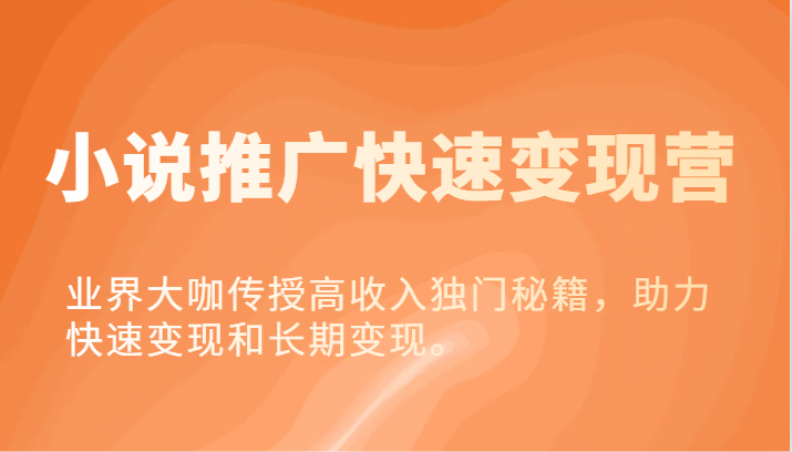 小说推广快速变现营-业界大咖传授高收入独门秘籍，助力快速变现和长期变现。-一起网创